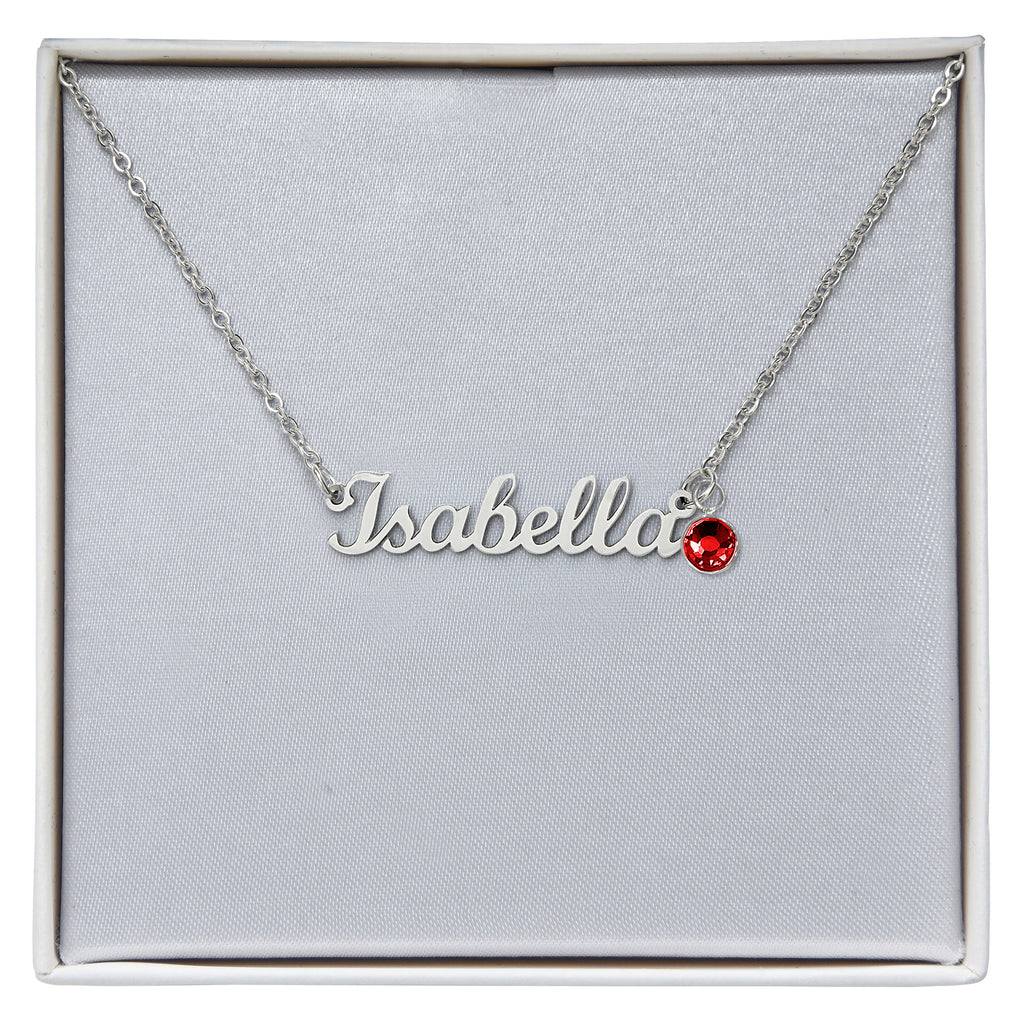 Name necklace with Isabela script pendant and red round birthstone on silver chain