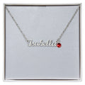 Name necklace with Isabela script pendant and red round birthstone on silver chain