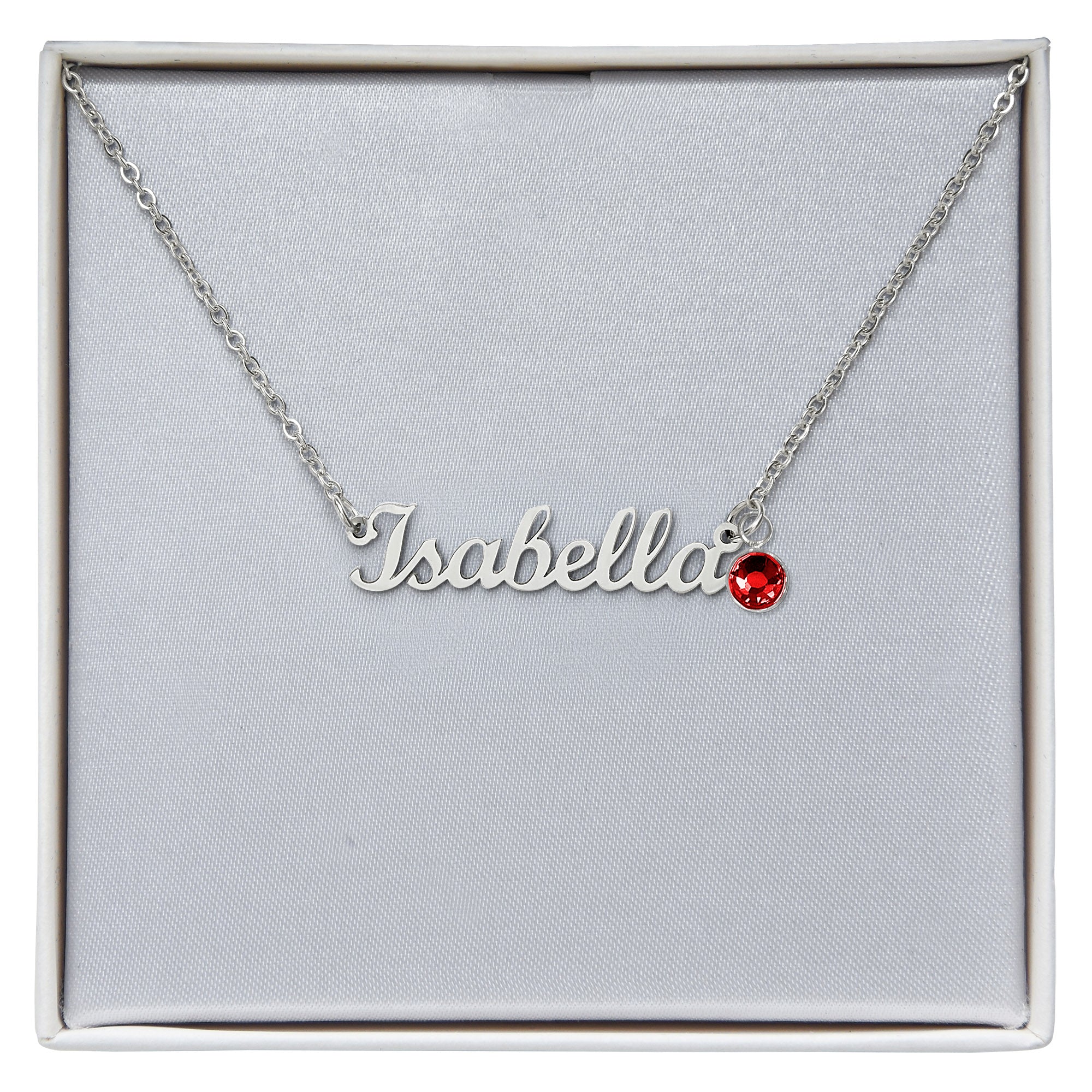 Name necklace with Isabela script pendant and red round birthstone on silver chain