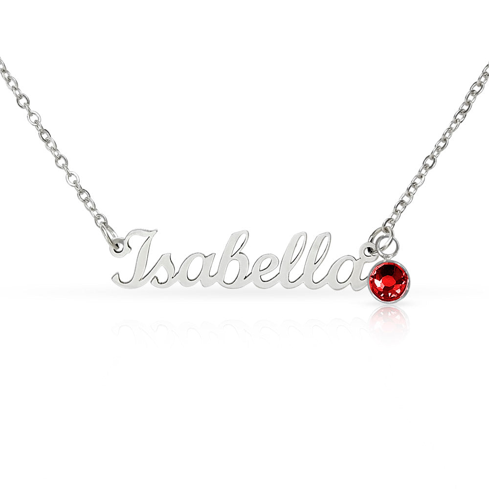Isabela name pendant necklace with red round birthstone and silver cable chain