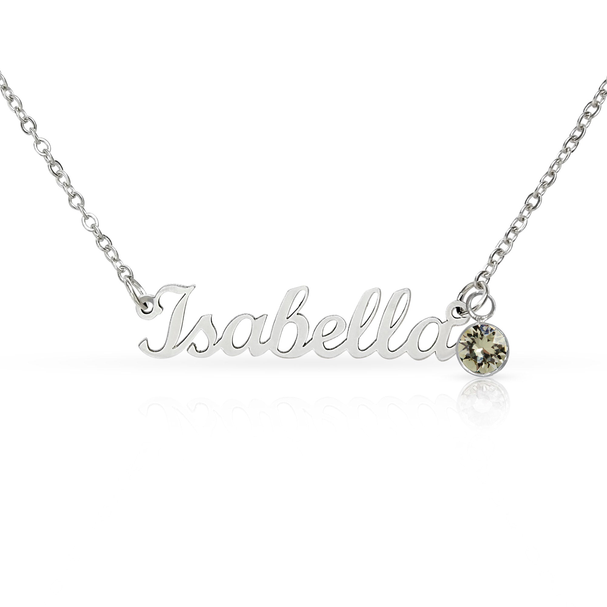 Isabela name pendant necklace with light green round birthstone and silver cable chain