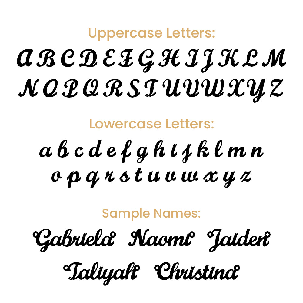 Font chart showing uppercase and lowercase letter styles for custom names