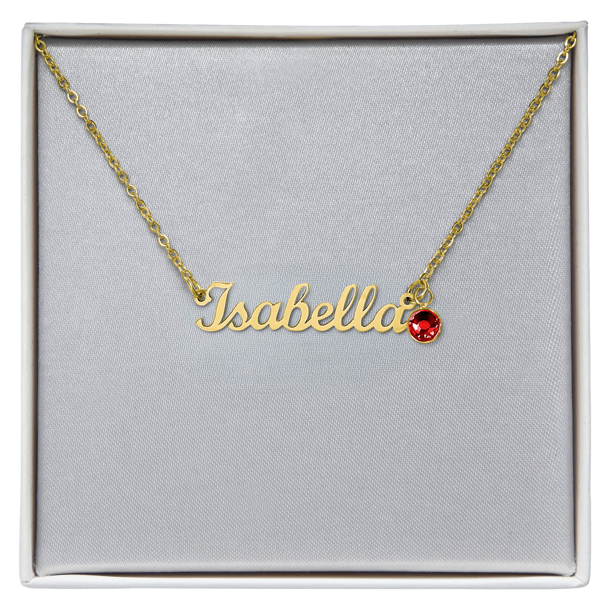 Gold name necklace with Isabela pendant and red round birthstone on gold chain
