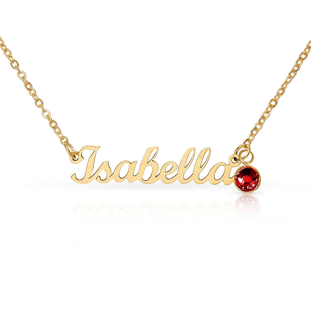 Gold name pendant necklace with Isabela and red round birthstone on gold chain