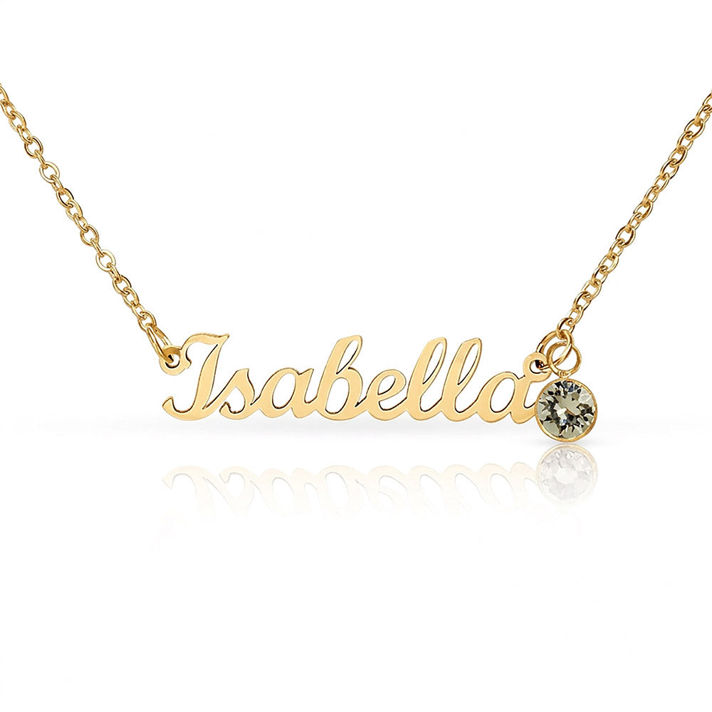 Gold name pendant necklace with Isabela and light green round birthstone on gold chain