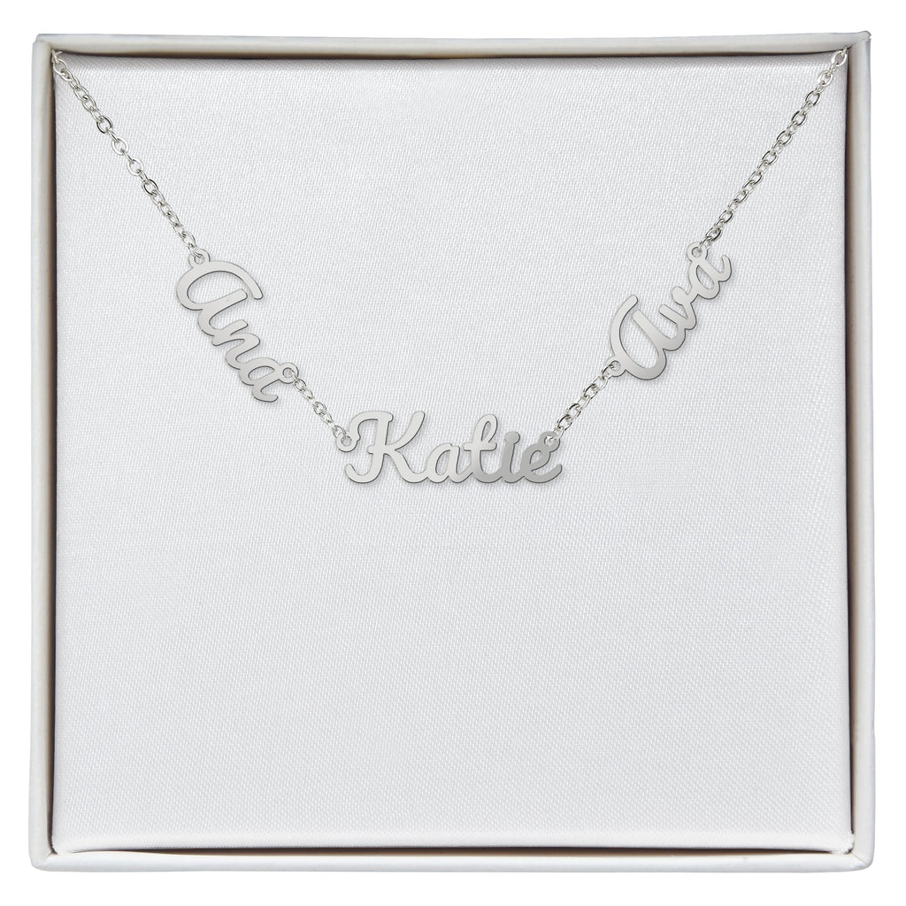 Silver-tone personalized name necklace with three script charms, shown in a gift box