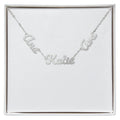 Silver-tone personalized name necklace with three script charms, shown in a gift box