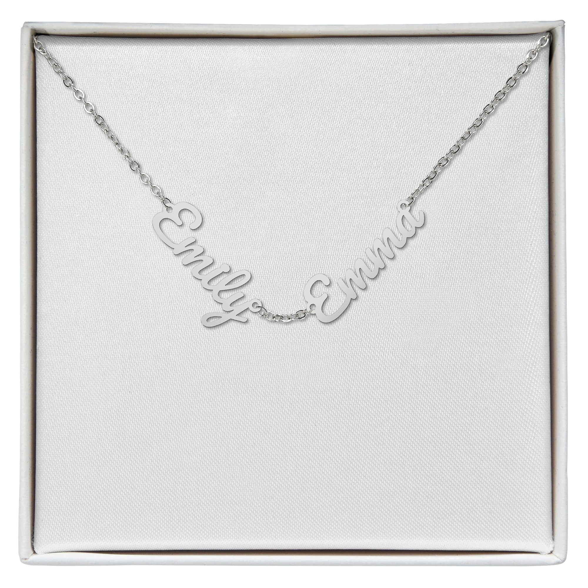 Silver-tone personalized name necklace with three script charms, laid flat in a box