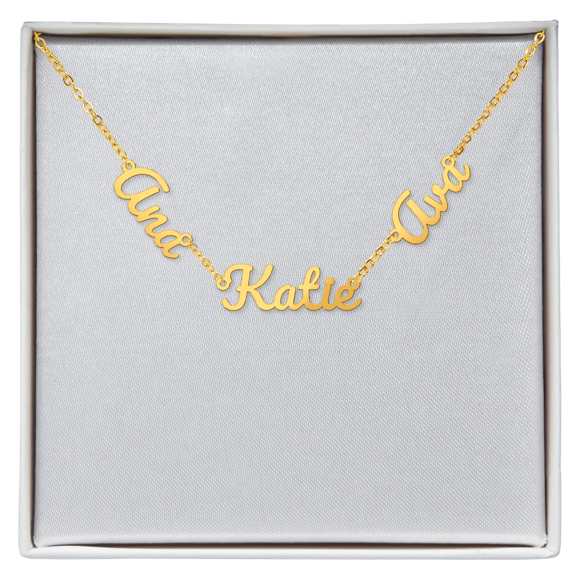 18K yellow gold finish personalized name necklace with three script charms in a gift box