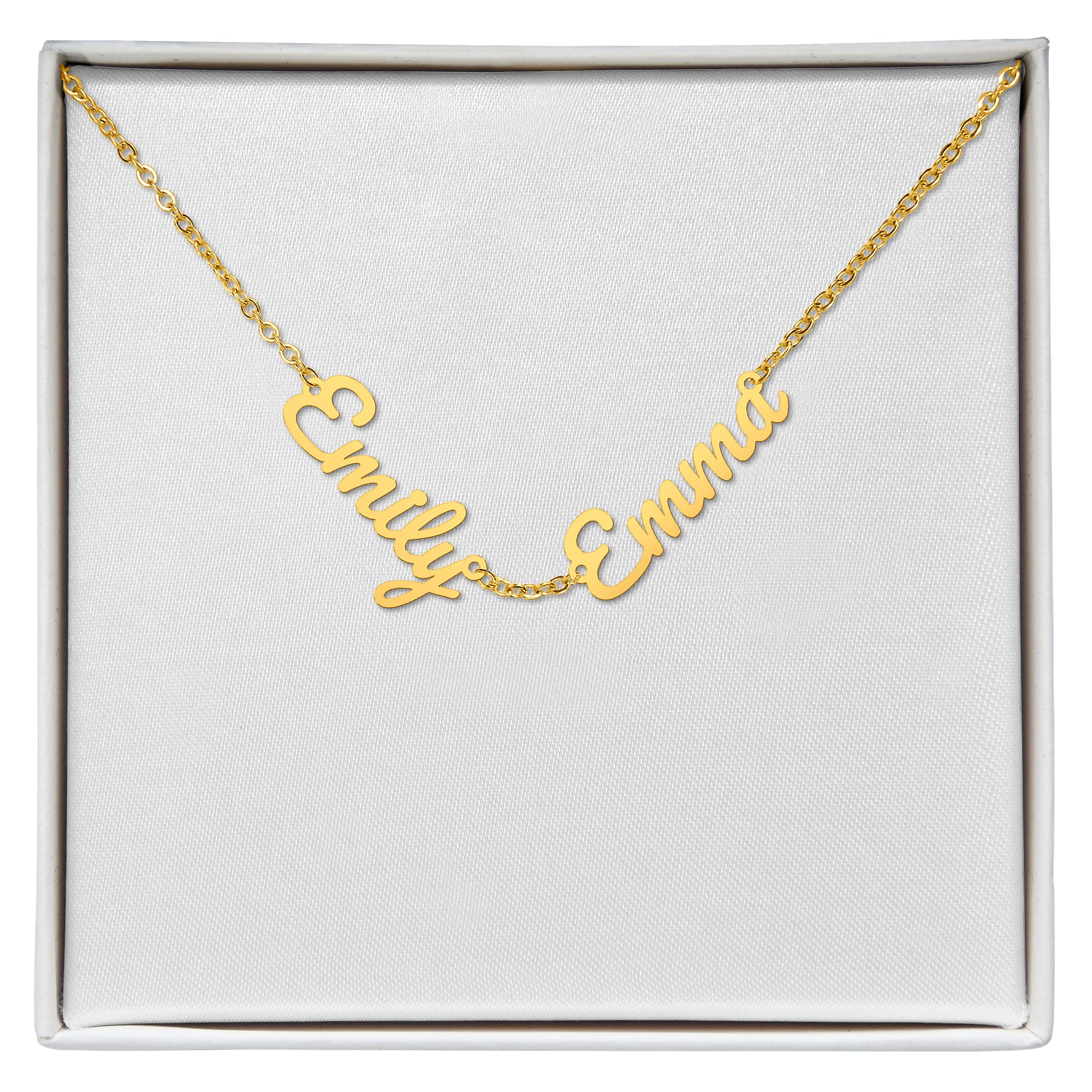 18K yellow gold finish personalized name necklace with three script charms in a box