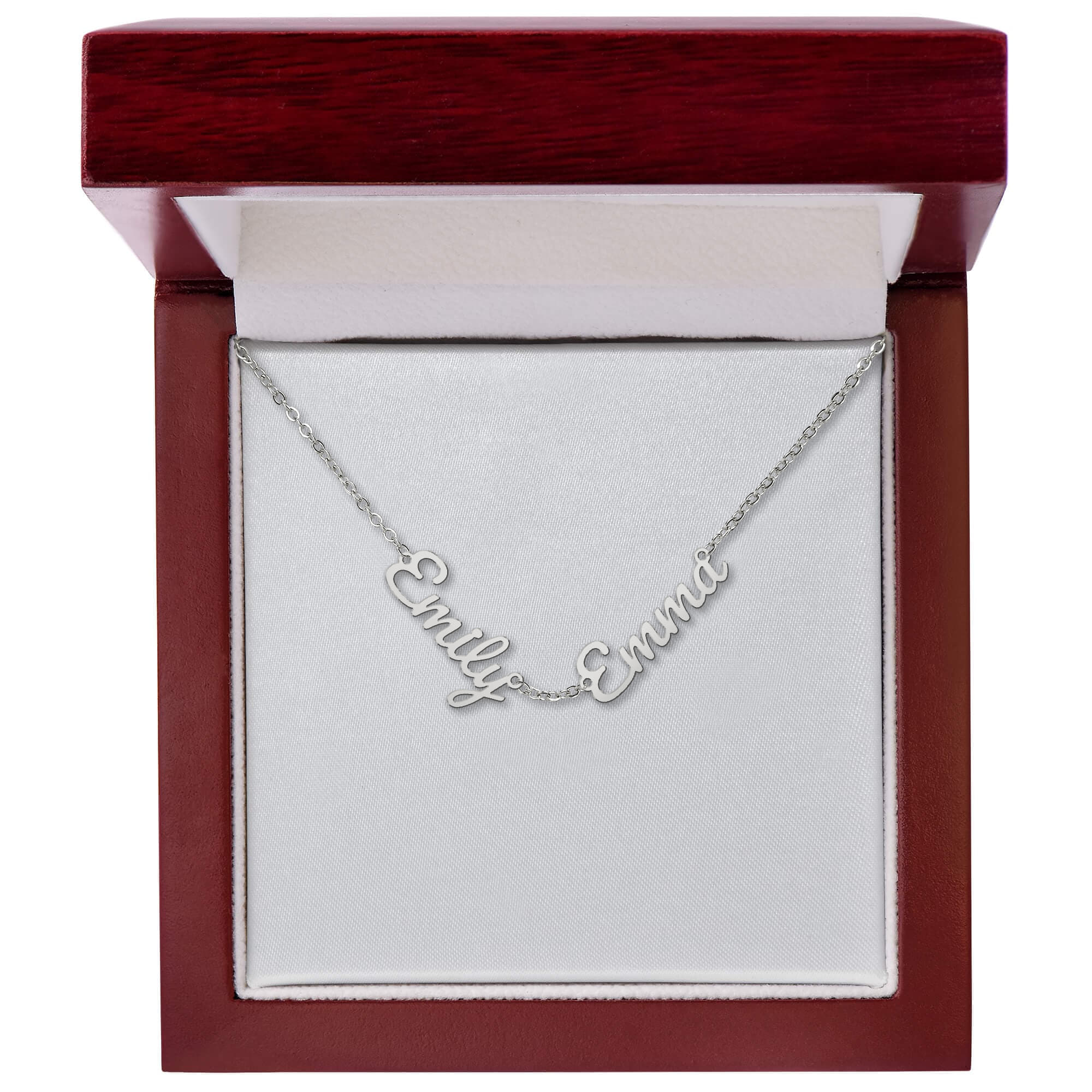 Silver-tone three-name necklace with script charms displayed in a red gift box
