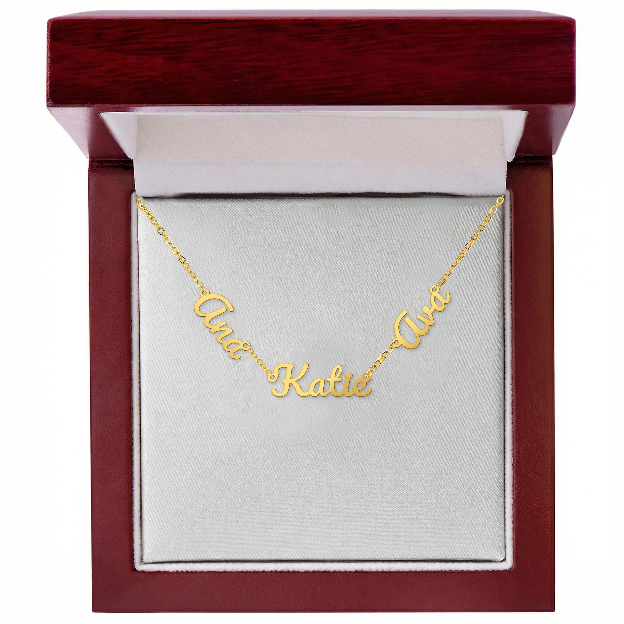 Gold-toned cursive name necklace with three linked name pendants