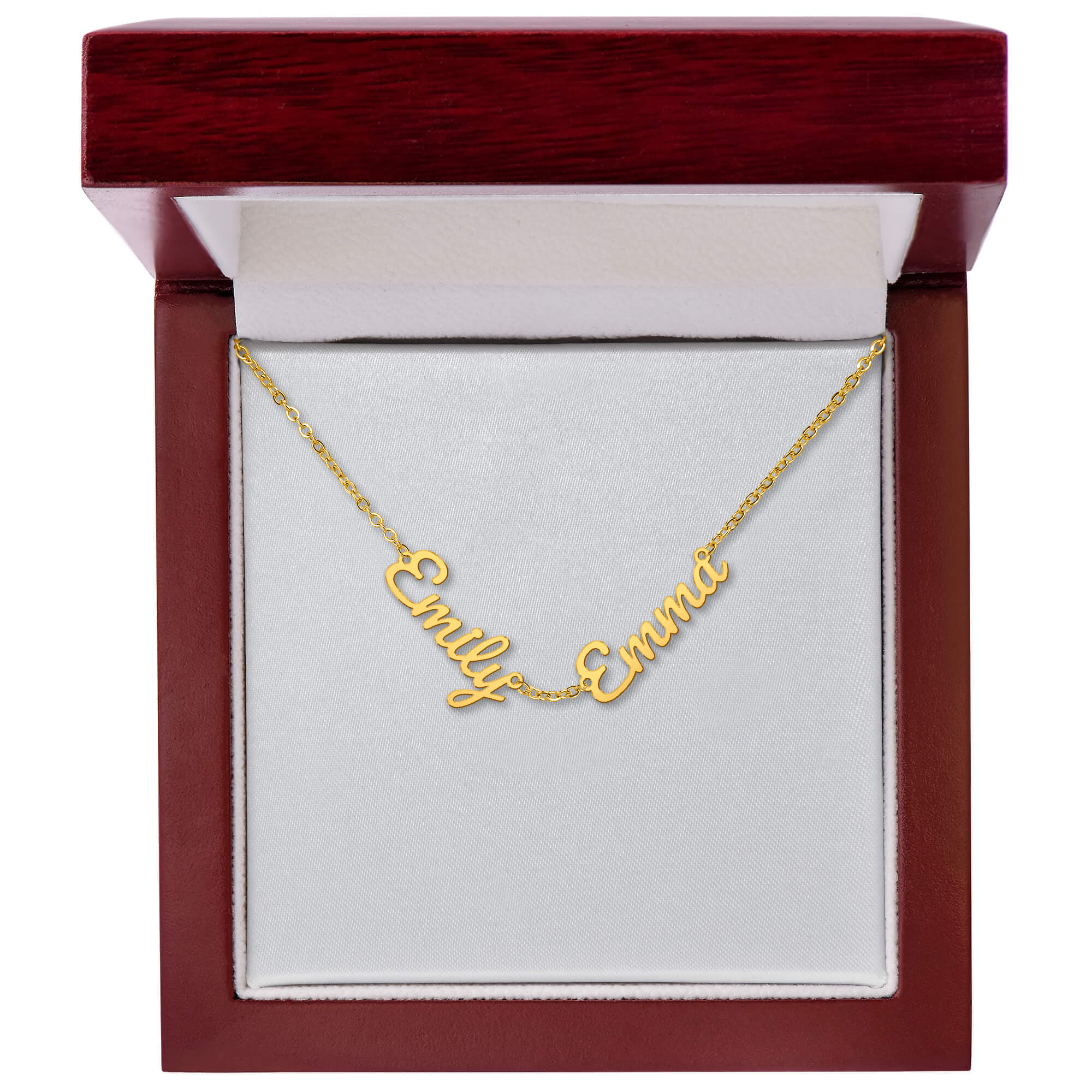 Gold-toned cursive name necklace with three connected name pendants