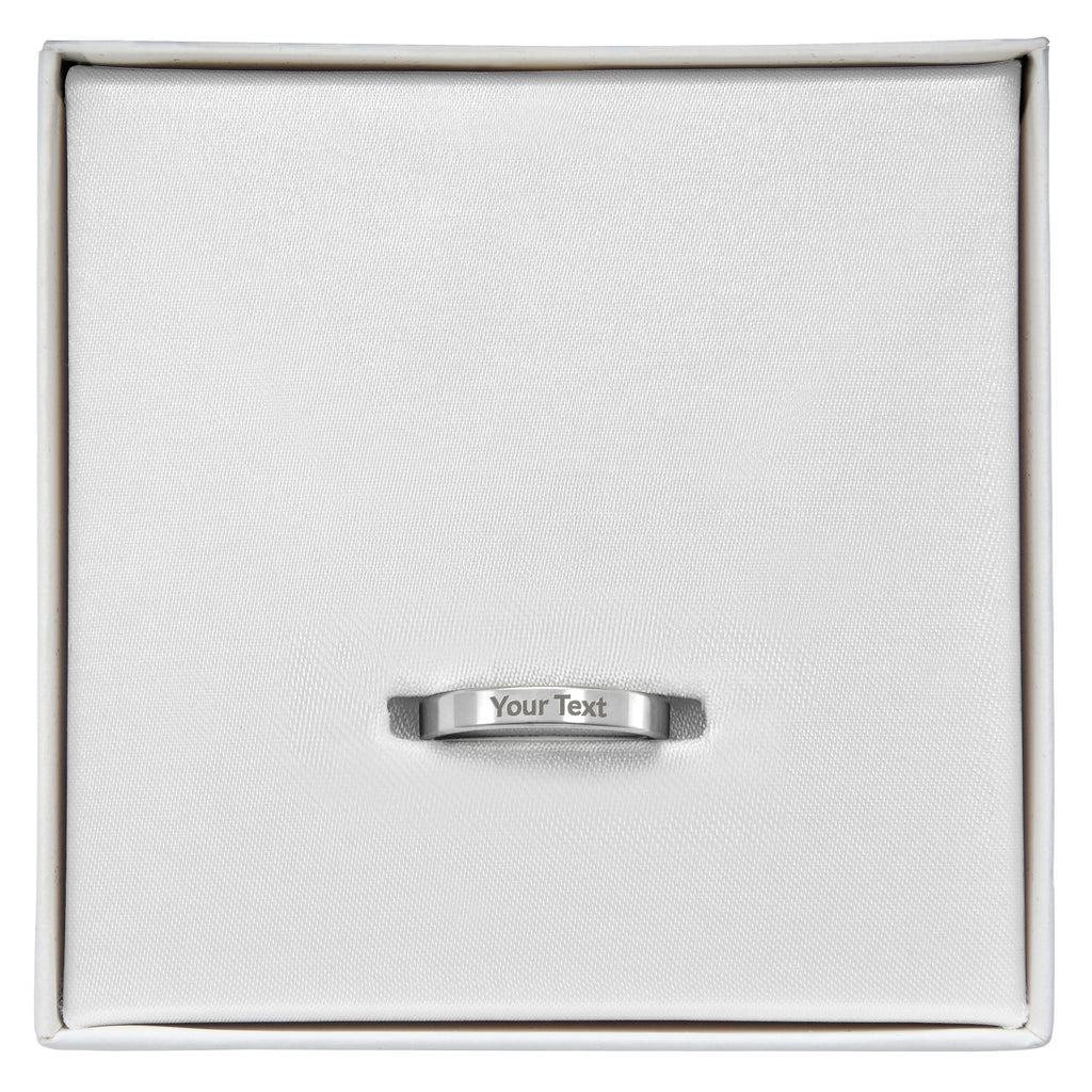 Engraved stainless steel band ring with 'Your Text' on center, in white jewelry box