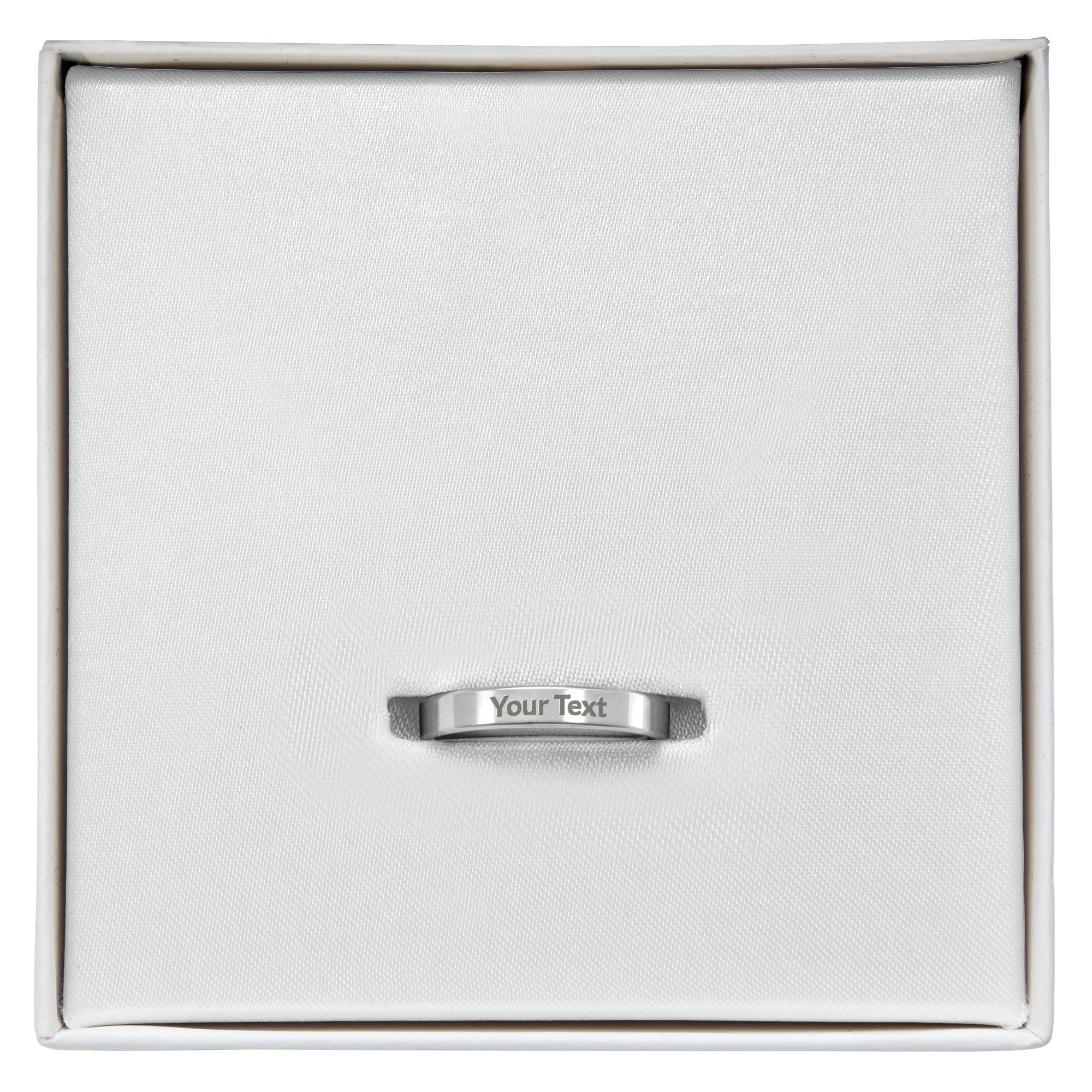 Engraved stainless steel band ring with 'Your Text' on center, in white jewelry box