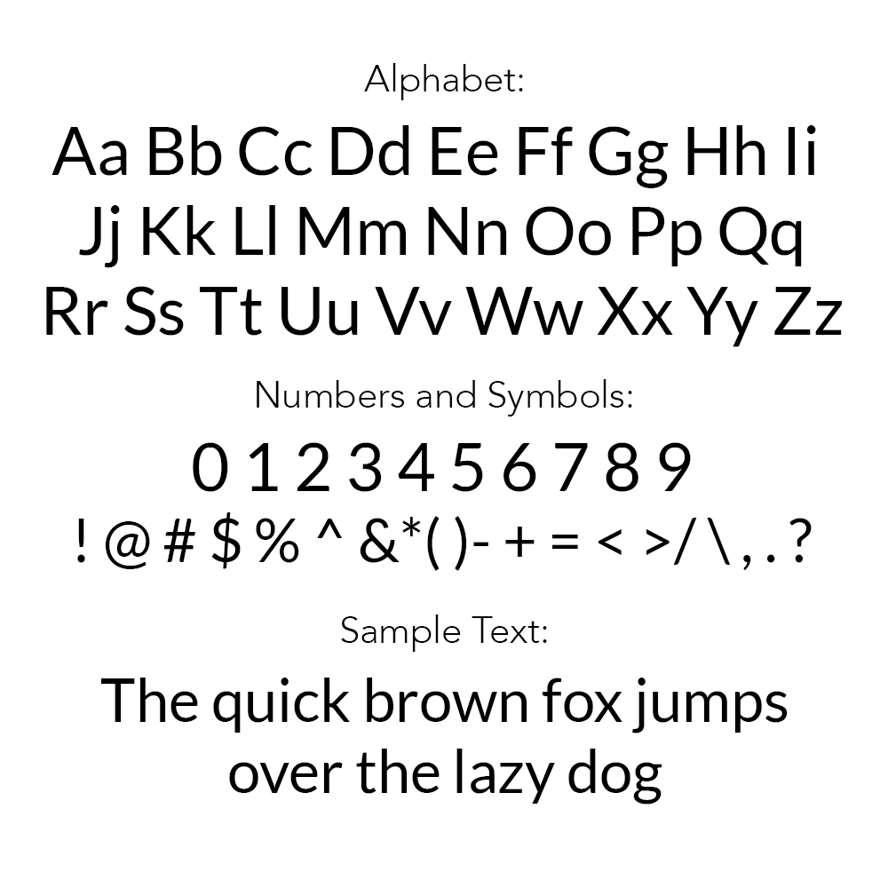 Engraving message card font chart with alphabet, symbols, and sample text