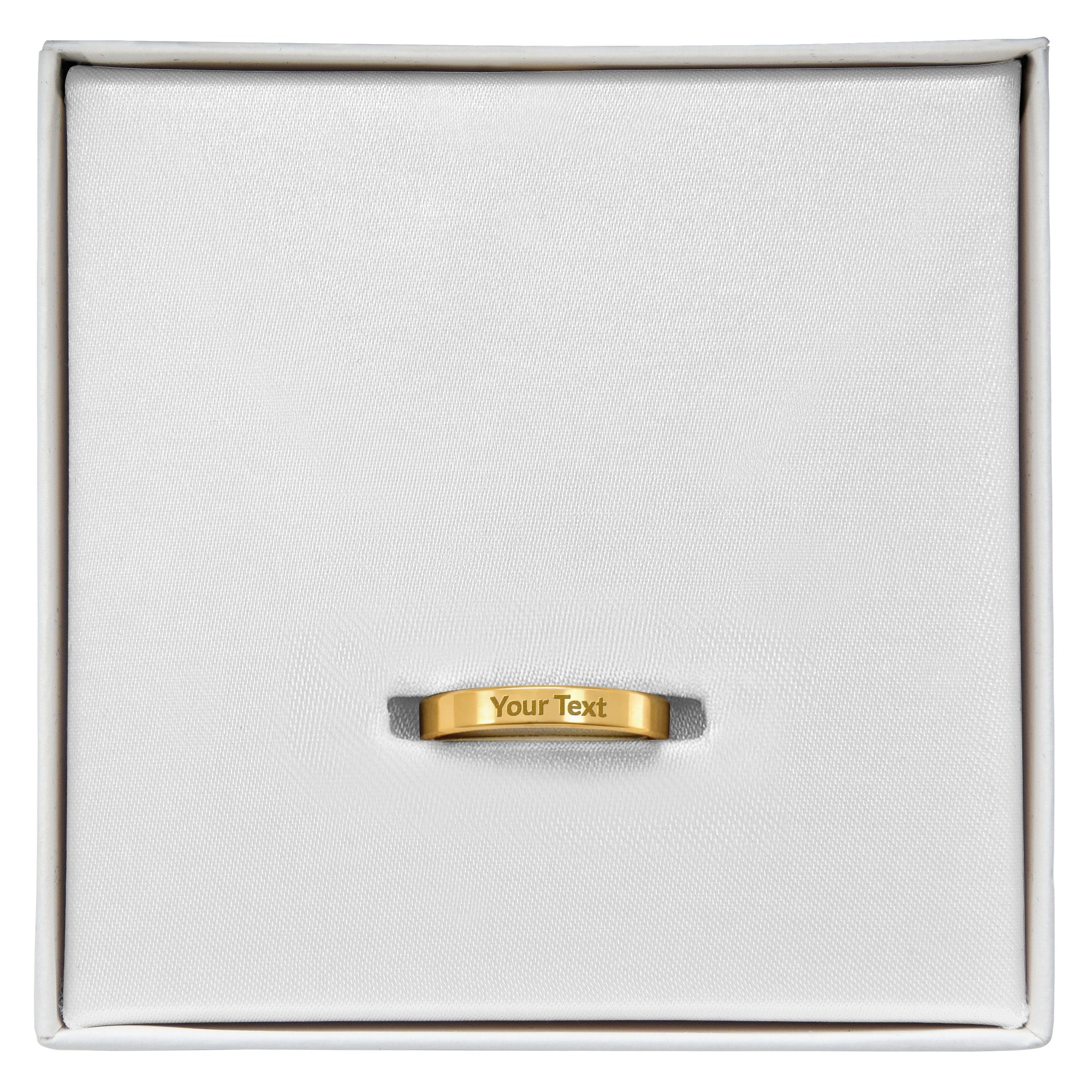 Engraved gold-tone band ring with 'Your Text' on center, in white jewelry box