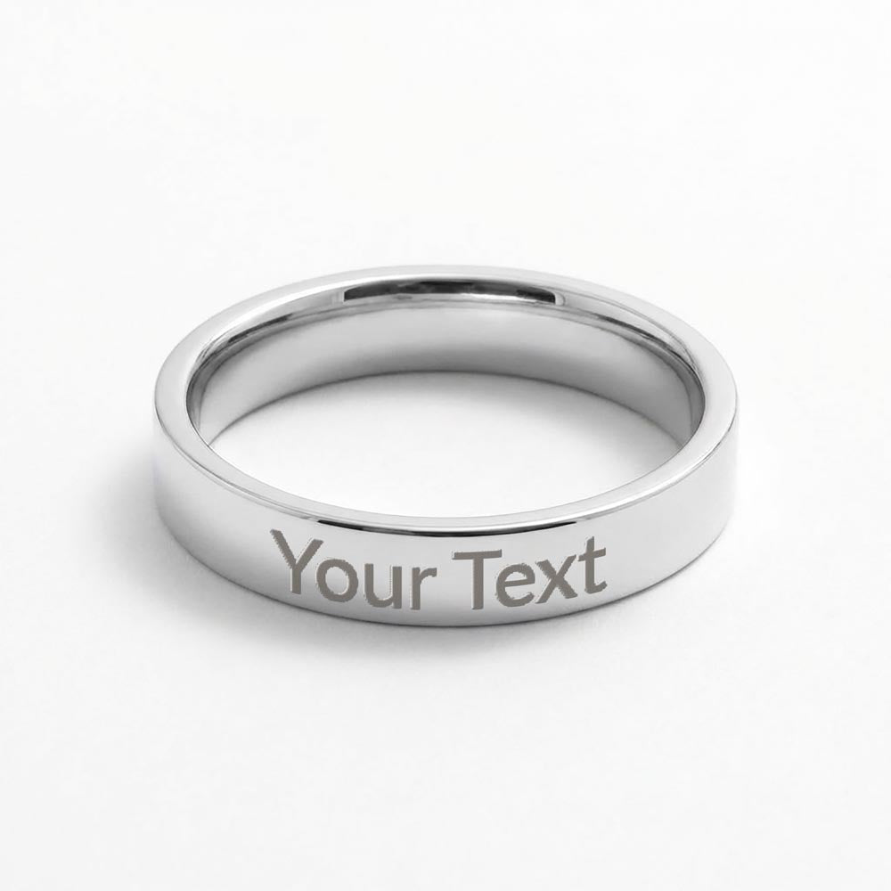 Polished stainless steel ring band with 'Your Text' engraving on the front