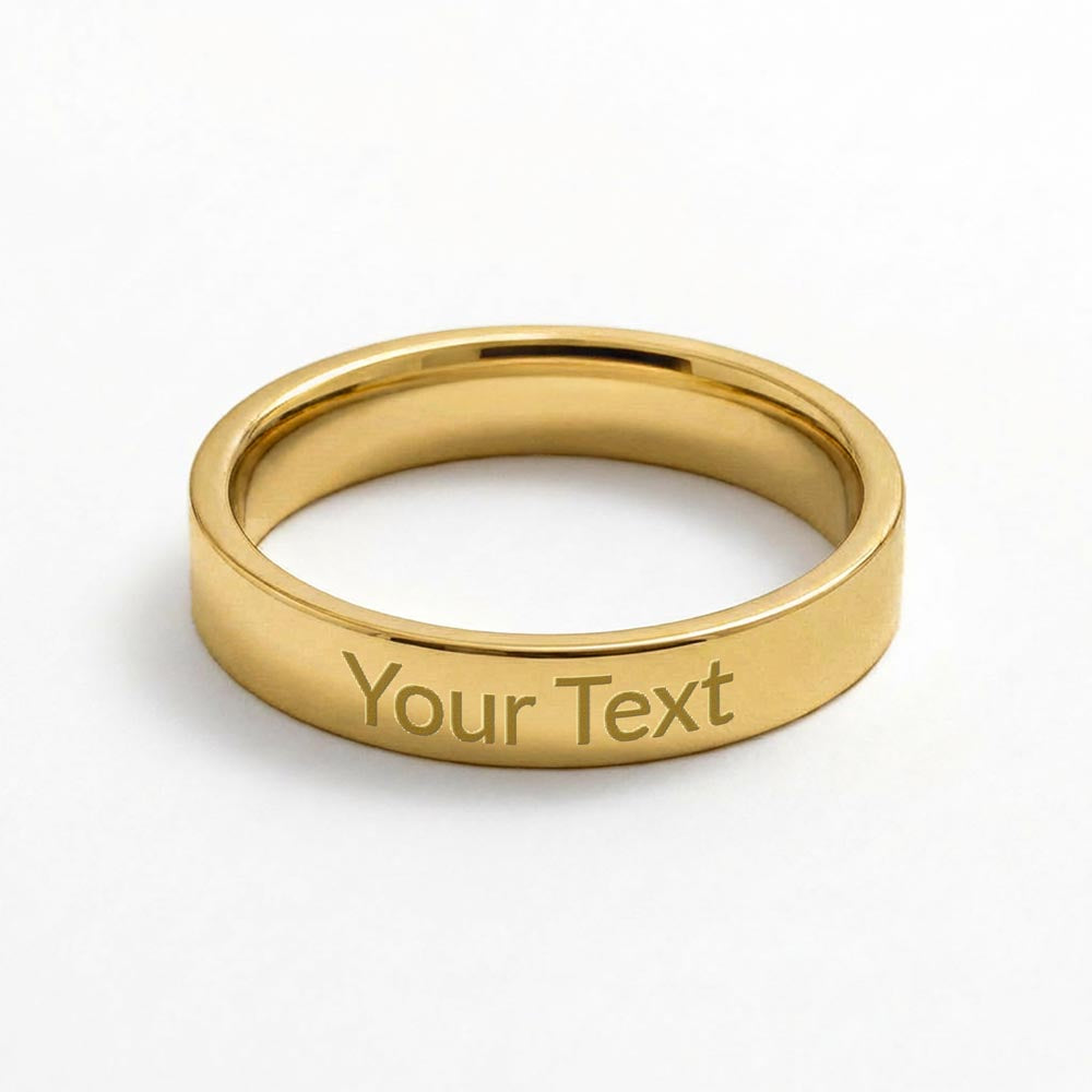 Gold-finish engraved ring band showing 'Your Text' lettering