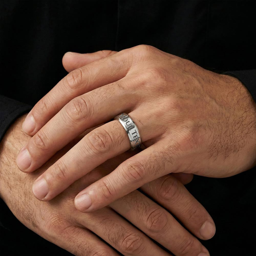 Men's engraved ring on hand, polished stainless steel with 'YOUR TEXT' engraving