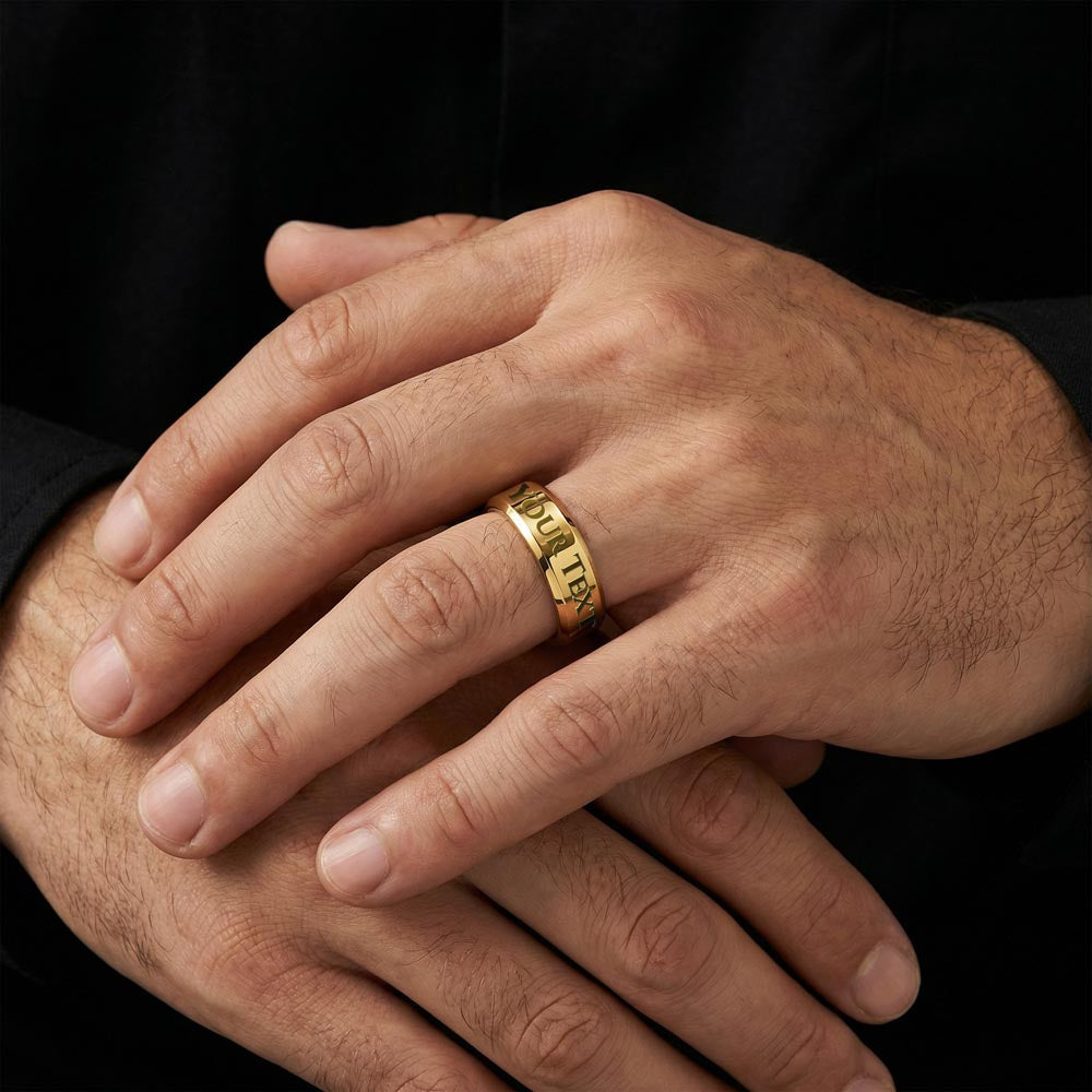 Men's engraved ring on hand, 18k yellow gold finish with 'YOUR TEXT' engraving