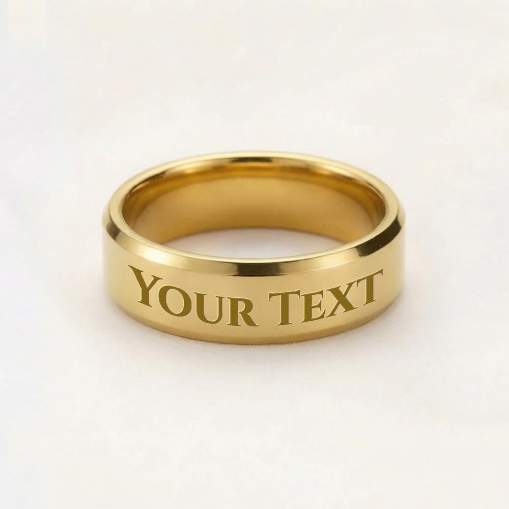 Gold engraved ring band with 'YOUR TEXT' engraving