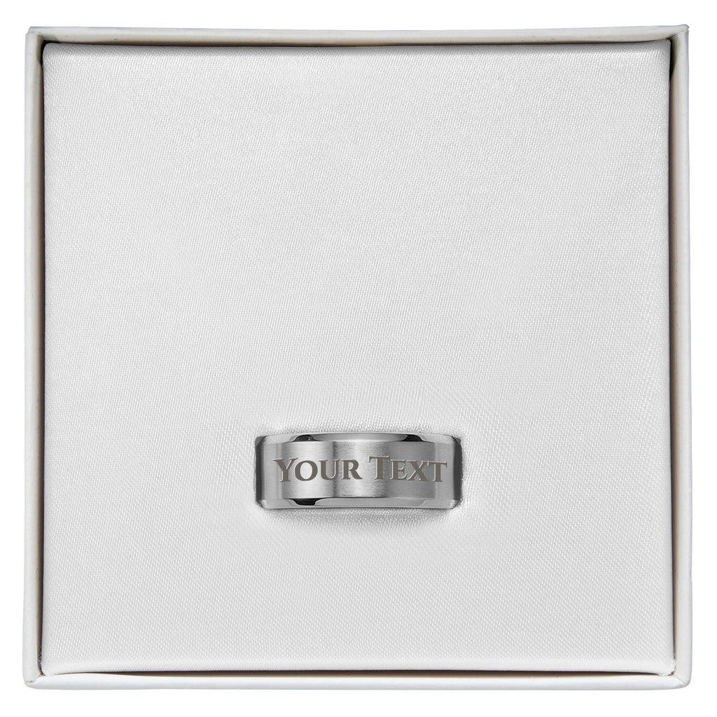 Men's engraved stainless steel ring with 'YOUR TEXT' on band, in gift box