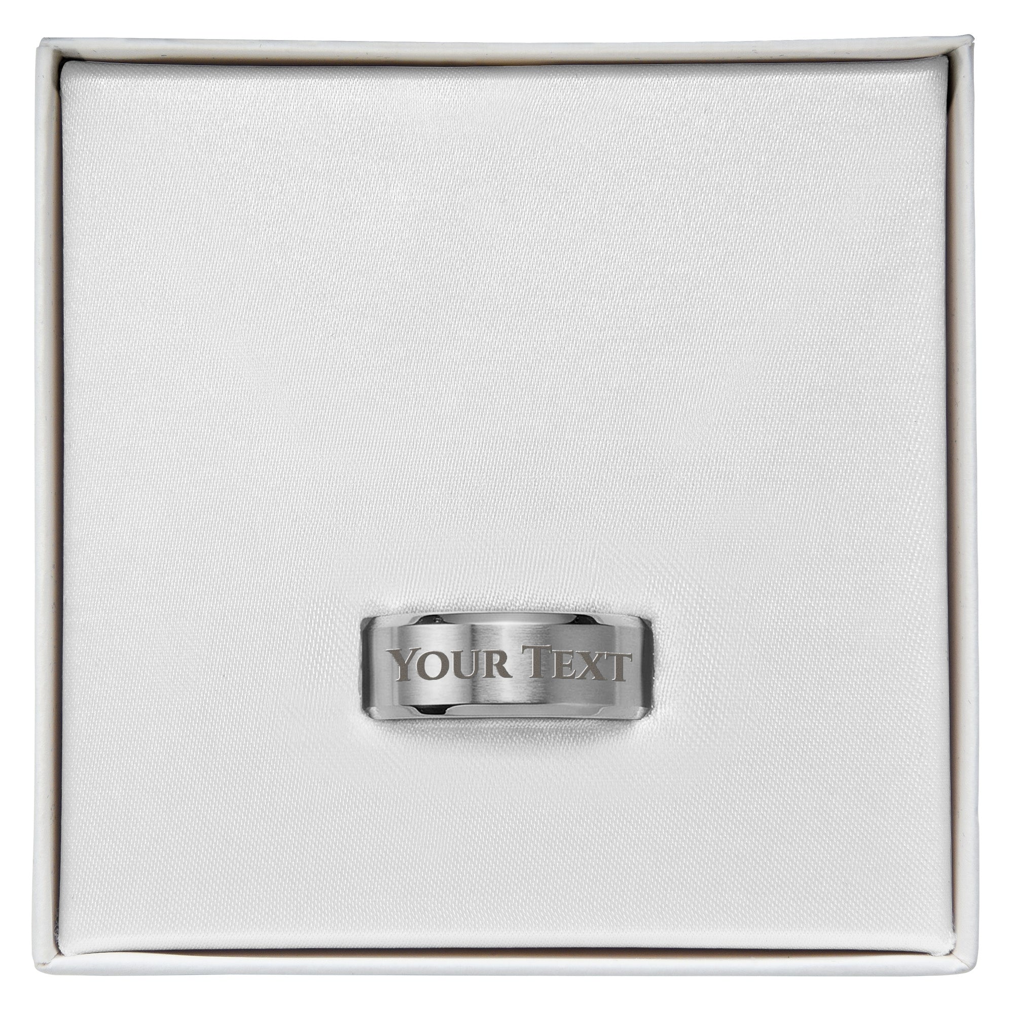 Men's engraved stainless steel ring with 'YOUR TEXT' on band, in gift box