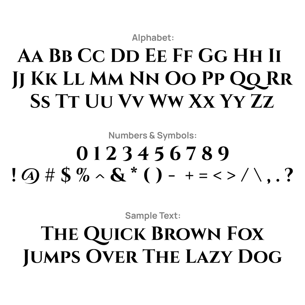 Engraving character guide with alphabet, numbers, symbols, and sample text