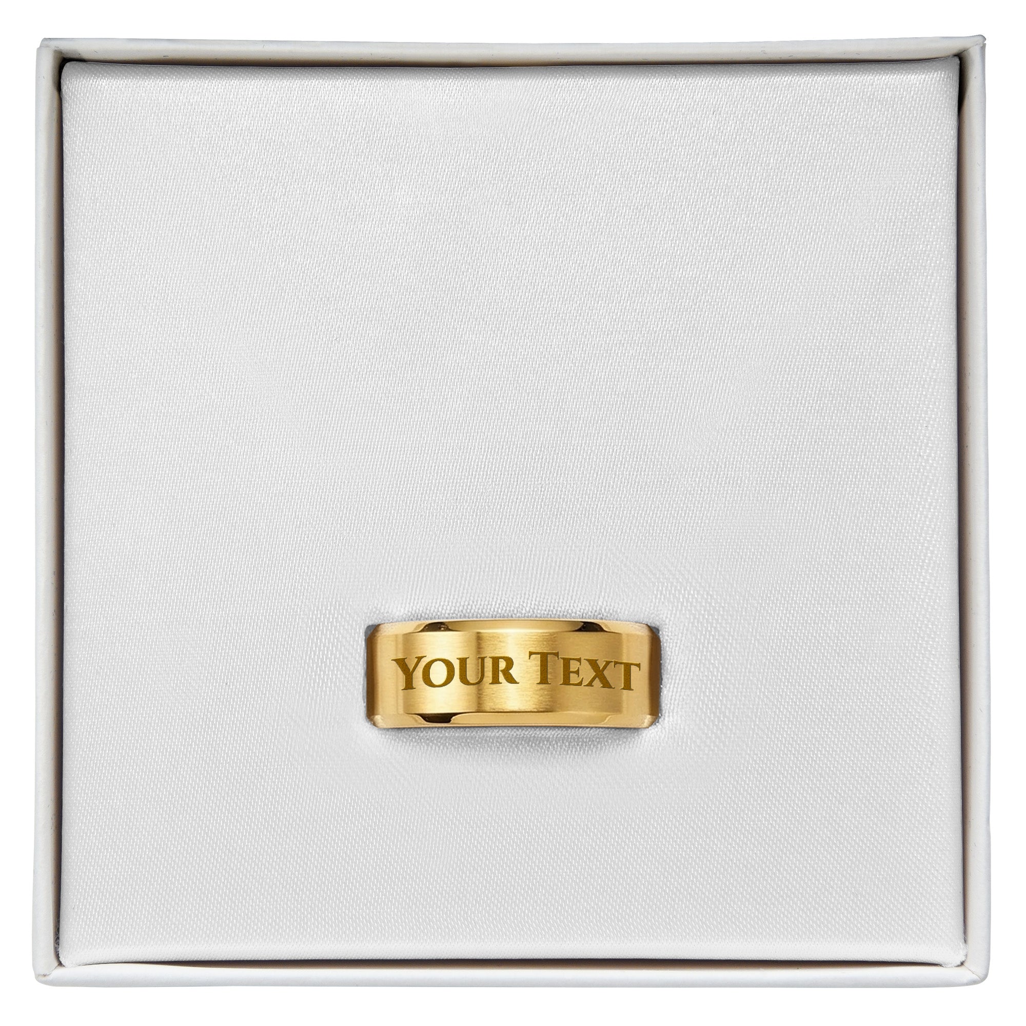 Men's engraved gold ring with 'YOUR TEXT' on band, in gift box