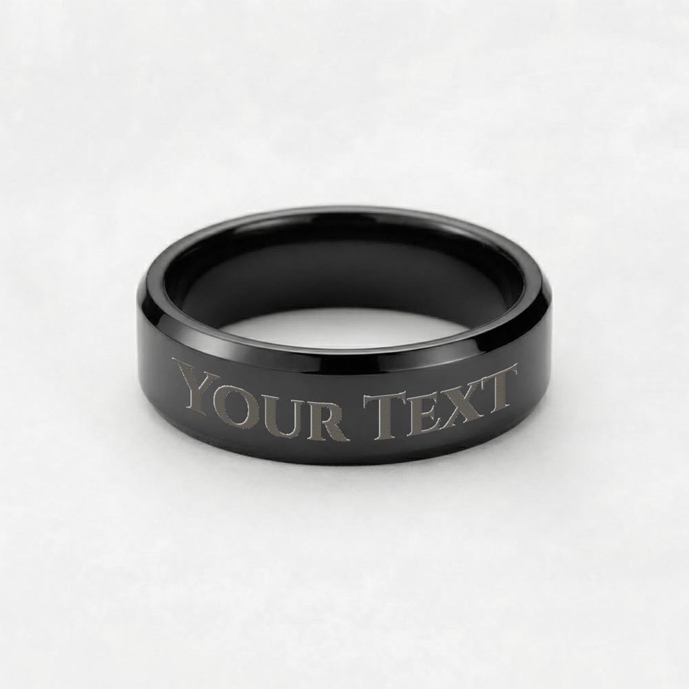 Men's engraved black plated ring with 'YOUR TEXT' across the band