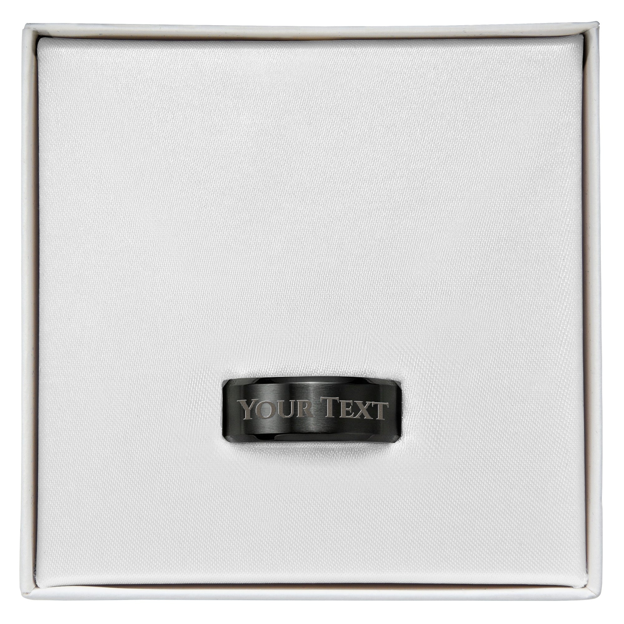 Men's engraved black plated ring with 'YOUR TEXT' on band, in gift box