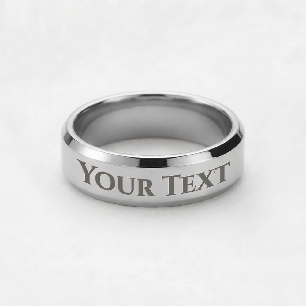 Men's engraved stainless steel ring with 'YOUR TEXT' across the band