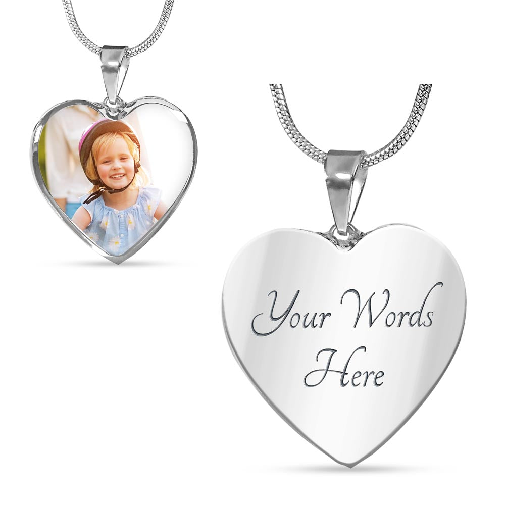Silver heart photo locket necklace with clear pendant and engraved “Your Words Here”