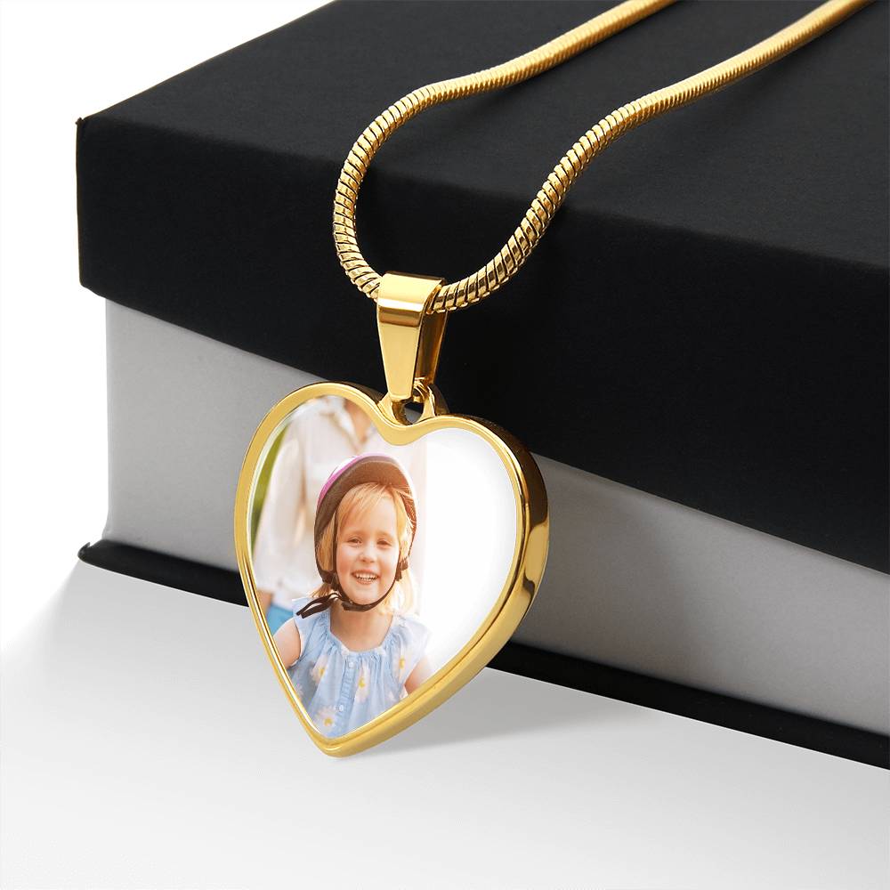 Gold heart photo locket necklace with rhinestone chain and heart pendant