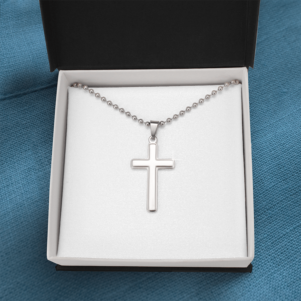Silver cross pendant necklace with ball chain in a white display box