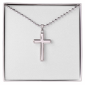 Silver cross pendant necklace with ball chain, shown in a white gift box