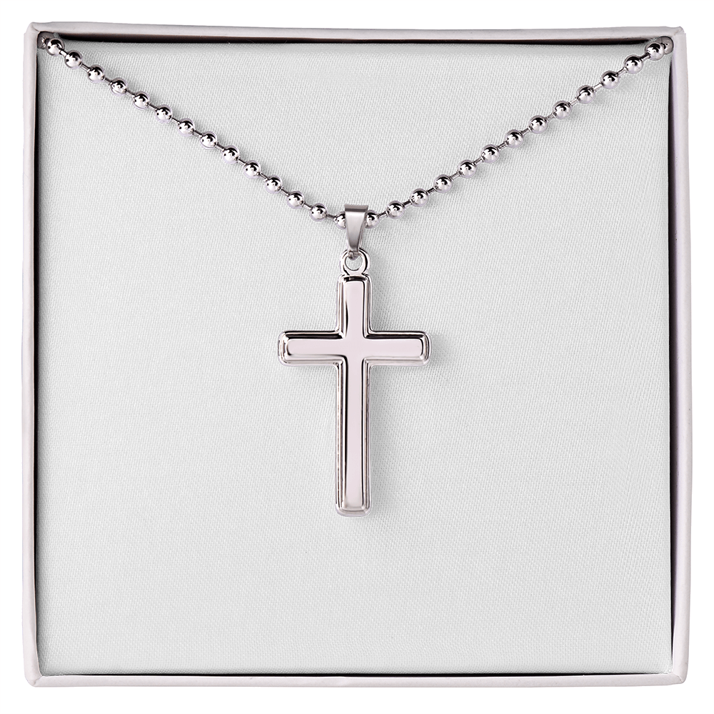 Silver cross pendant necklace with ball chain, shown in a white gift box