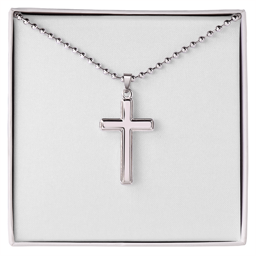 Silver cross pendant necklace with ball chain, shown in a white gift box