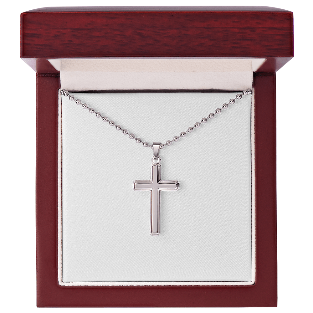 Silver cross pendant necklace with ball chain in a red presentation box