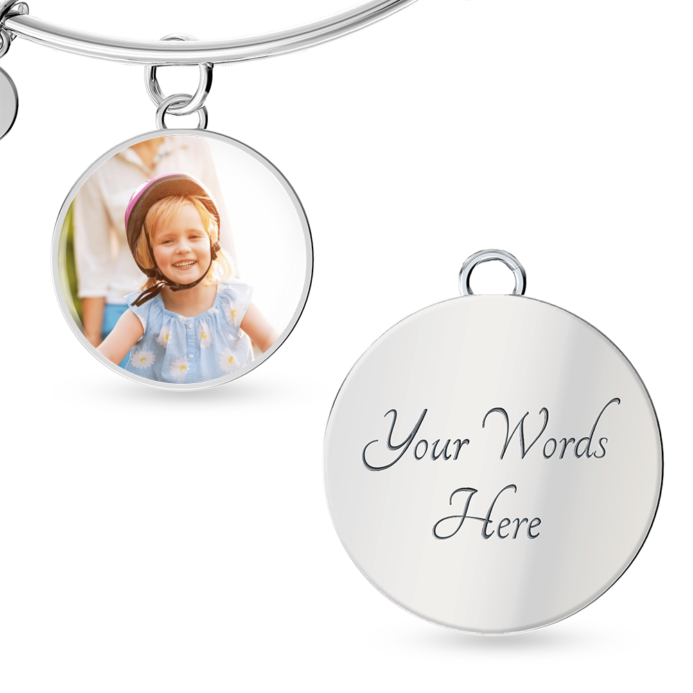 Silver circle bangle with round photo locket and 'Your Words Here' engraving disc