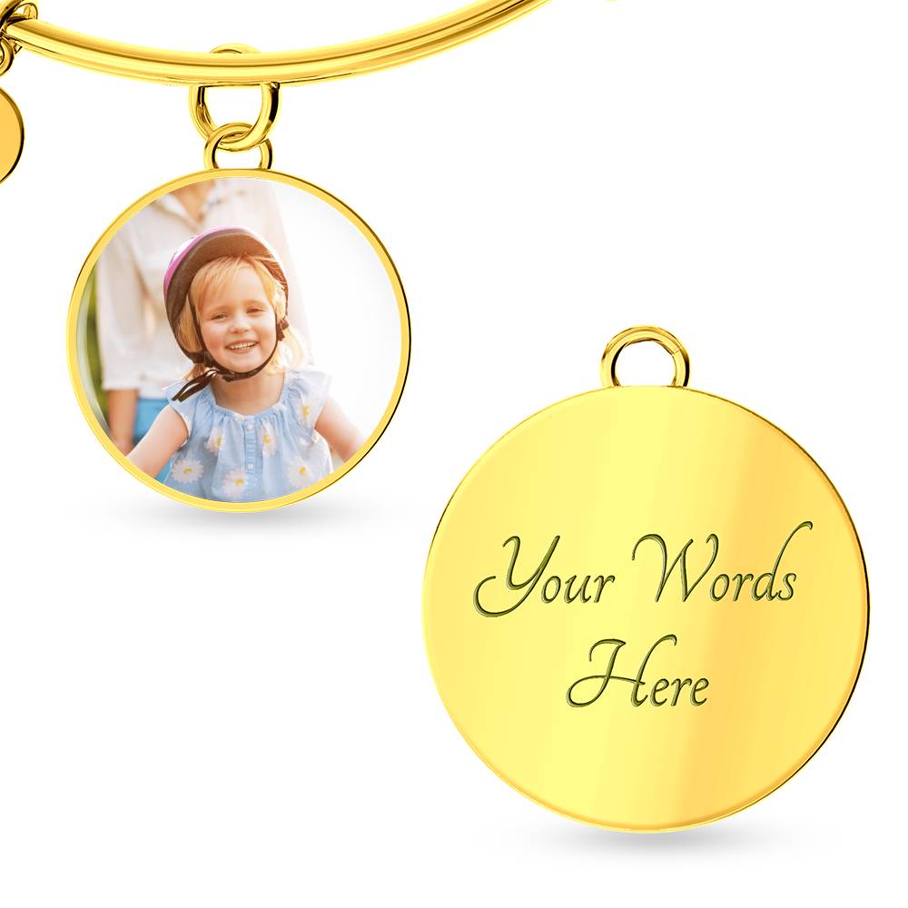 Gold circle bangle with round photo locket charm and 'Your Words Here' disc