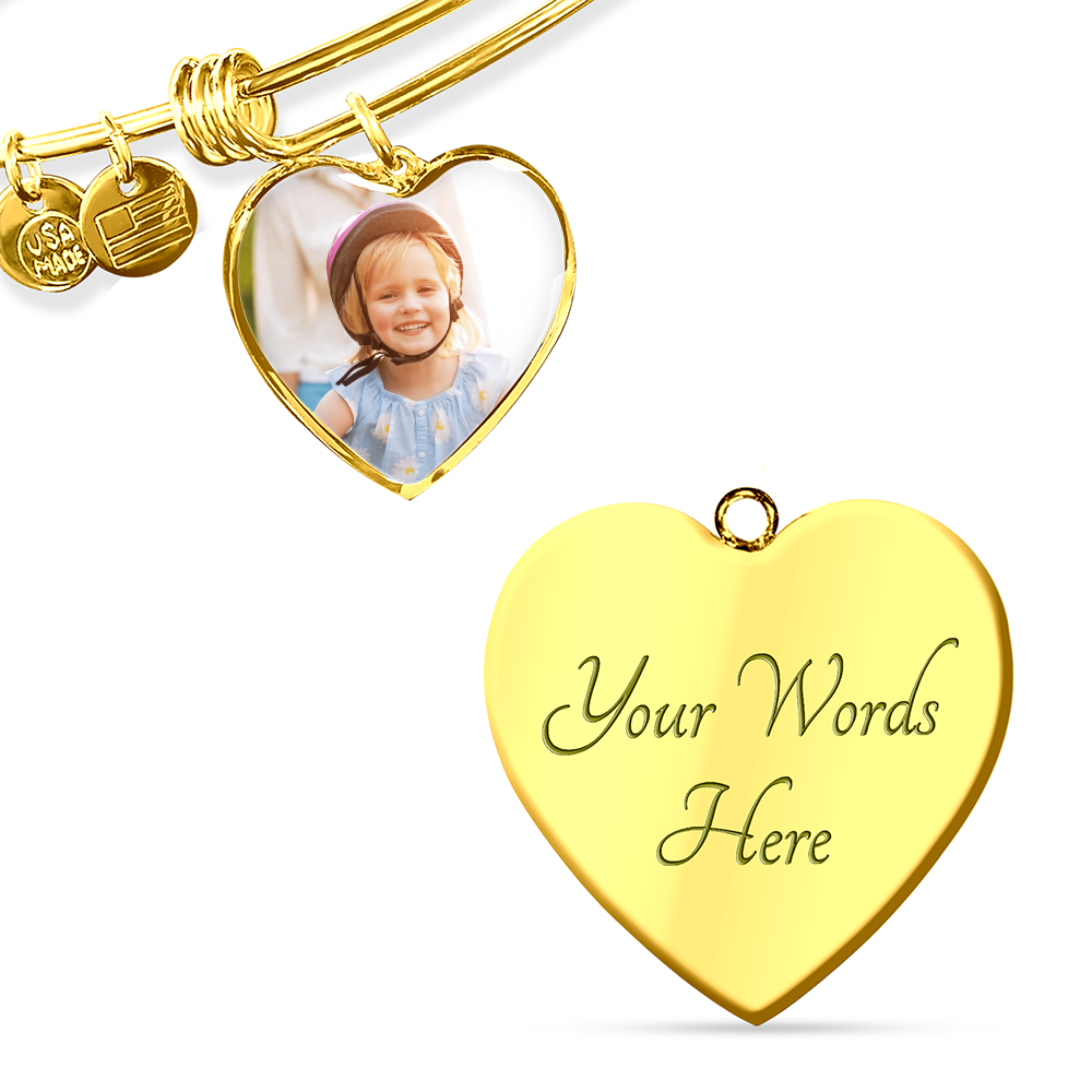Gold bangle with heart photo charm and small engraved heart disc