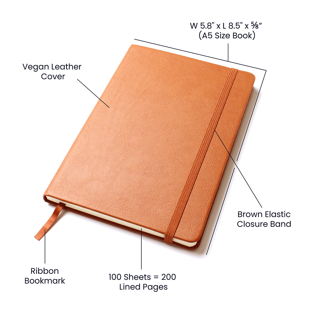Orange A5 journal with vegan leather cover, brown elastic closure, ribbon bookmark