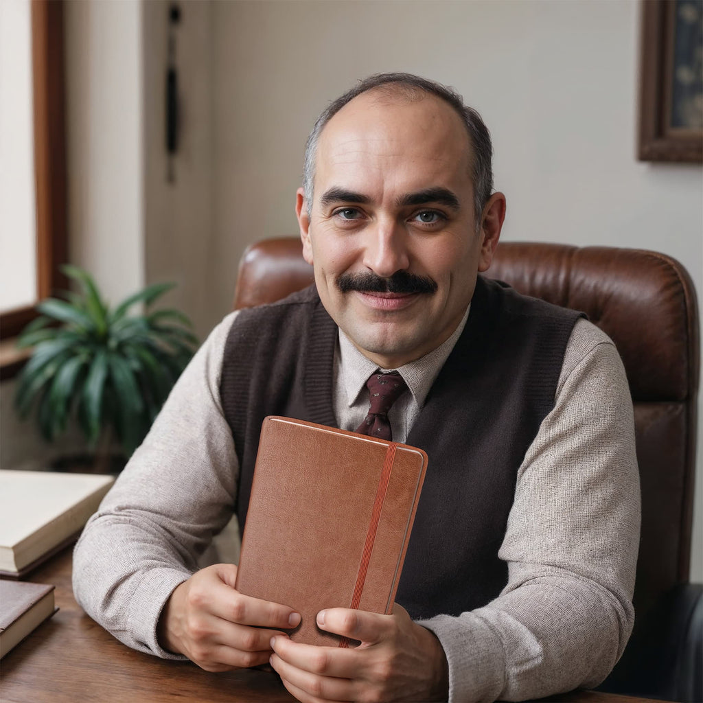 Orange journal with elastic band held in hand by a man