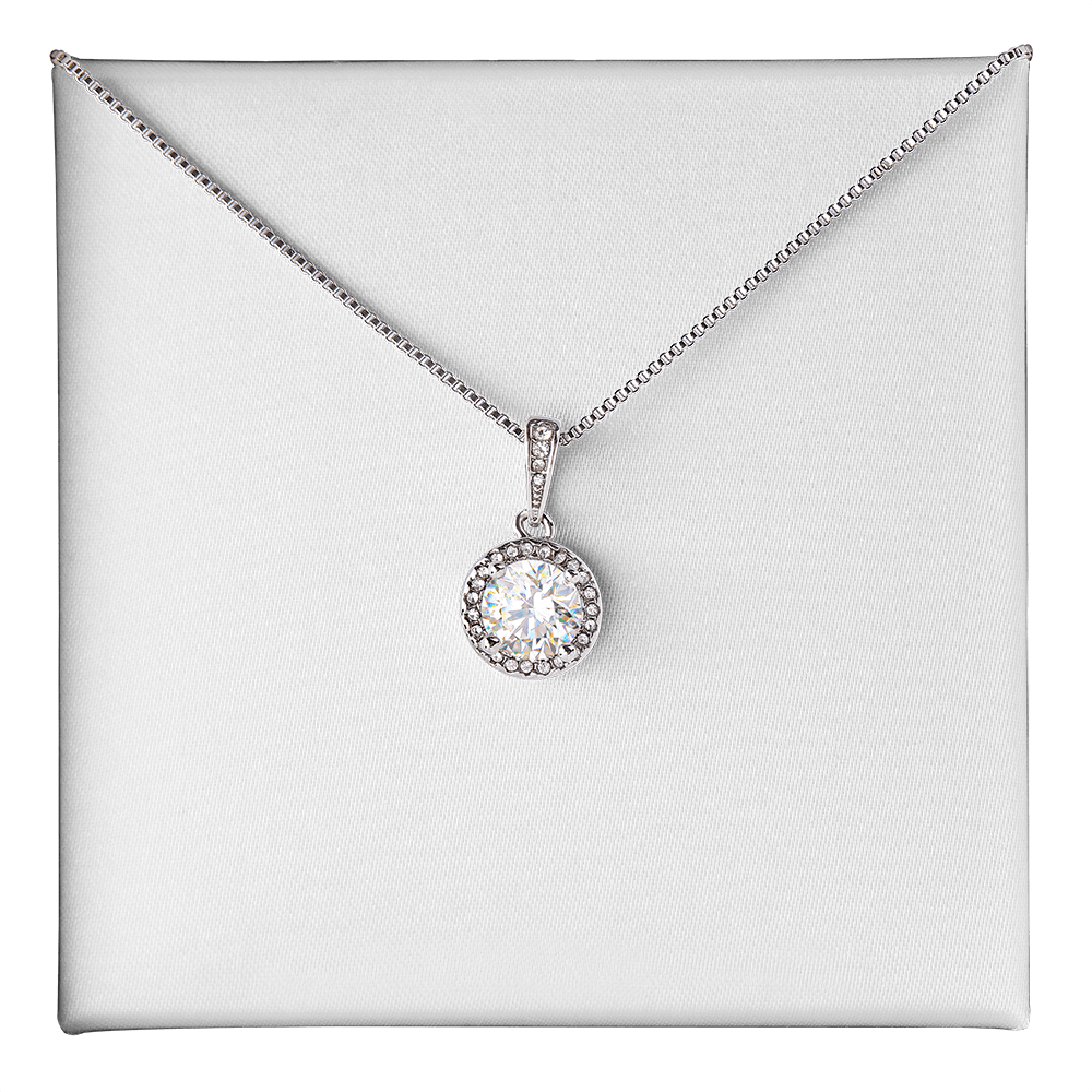 Silver-tone pendant necklace with round crystal halo and thin chain with clasp