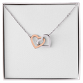 Interlocking hearts pendant necklace, rose and silver tones, with chain