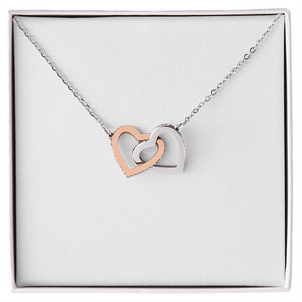 Interlocking hearts pendant necklace, rose and silver tones, with chain