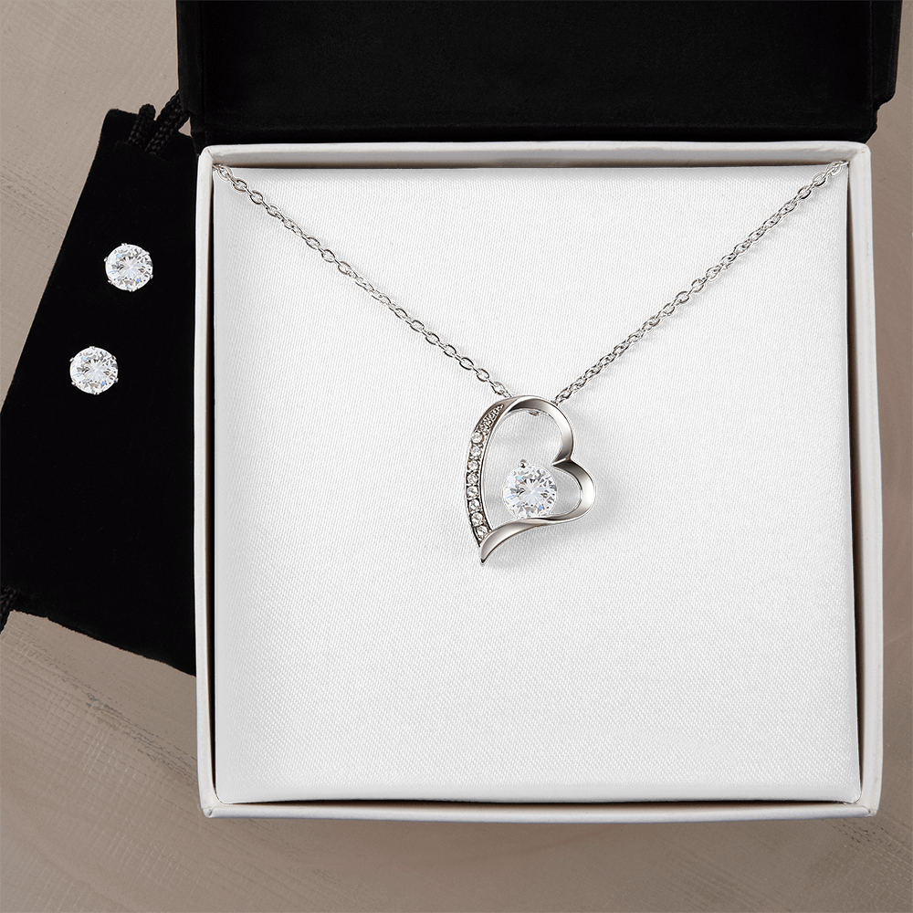 Heart CZ pendant necklace with matching stud earrings, silver-tone chain