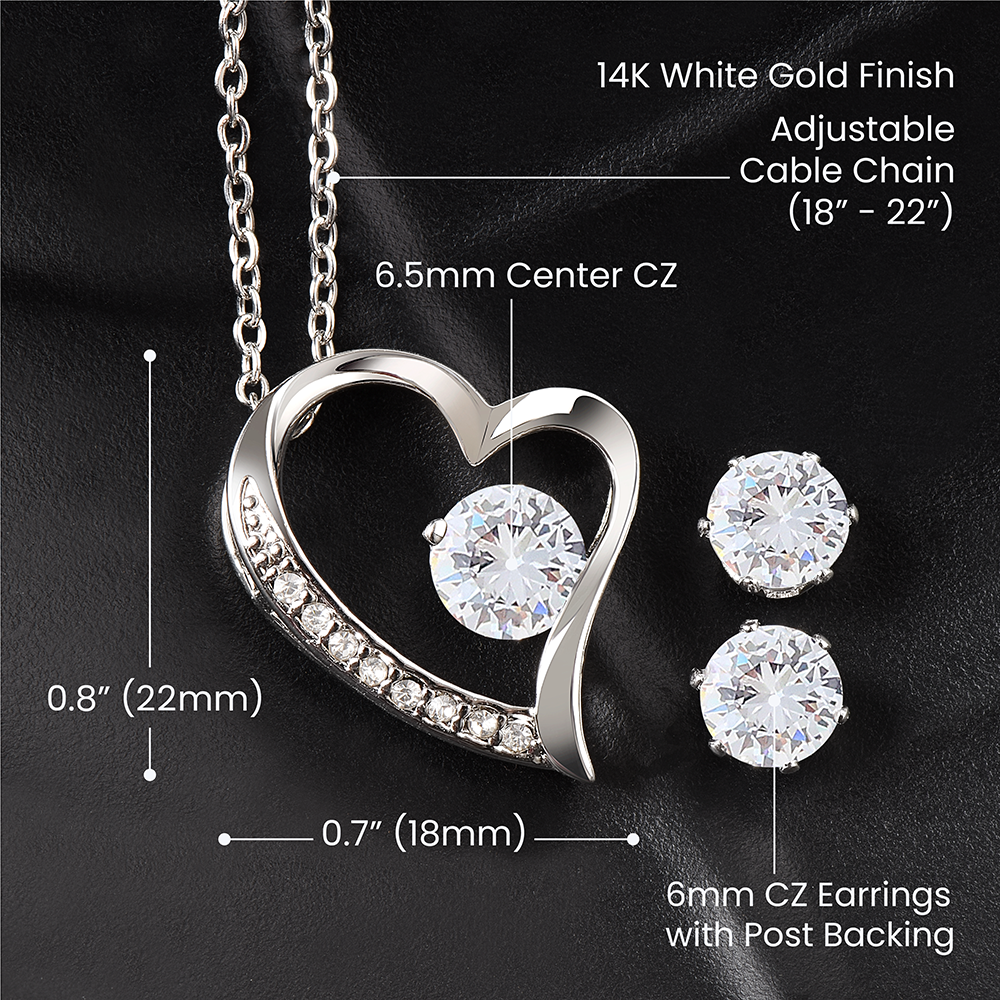 Heart CZ pendant necklace with round CZ stud earrings, adjustable chain